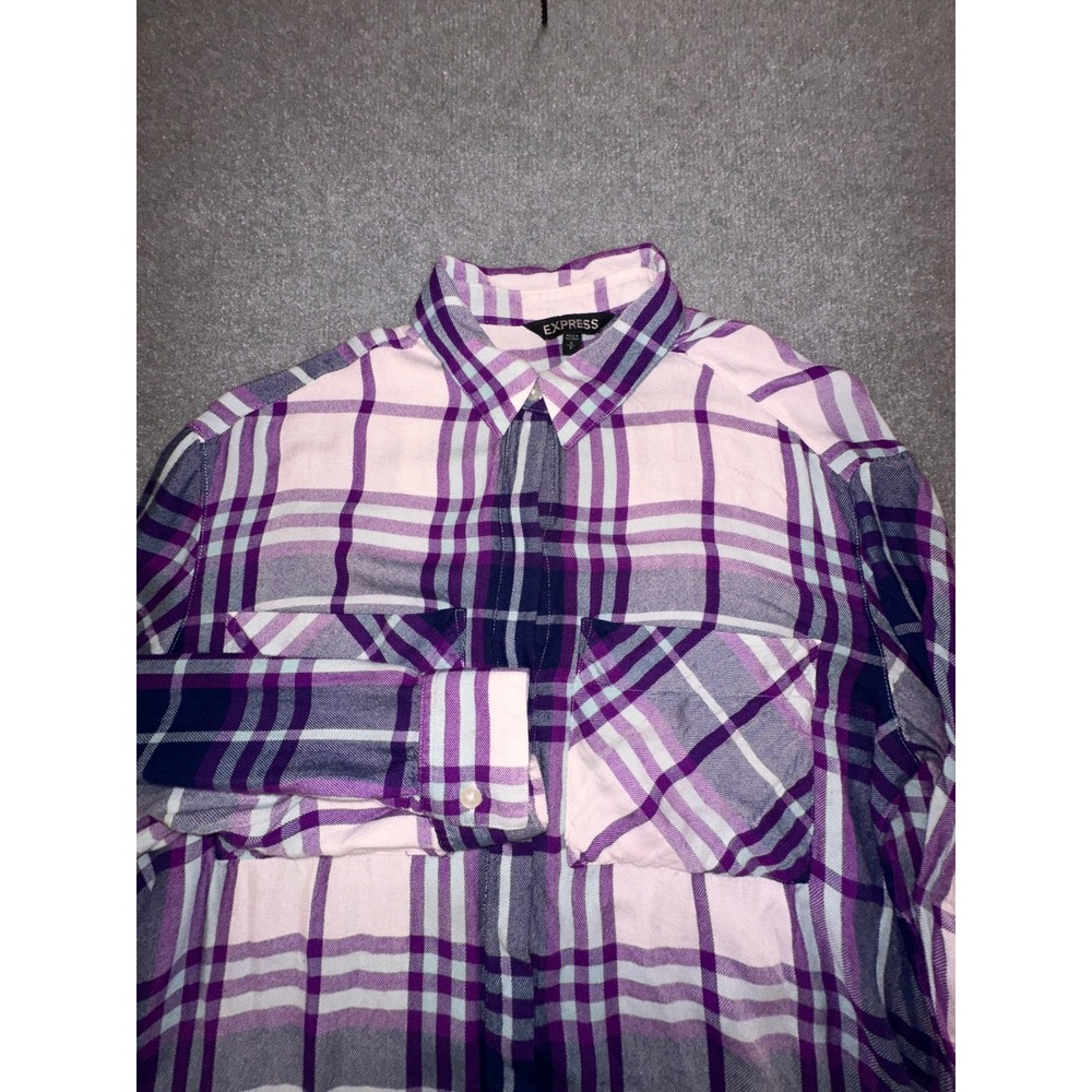 Express Womens Purple Plaid Button Down Flannel Shirt Size S Rayon High Low Hem